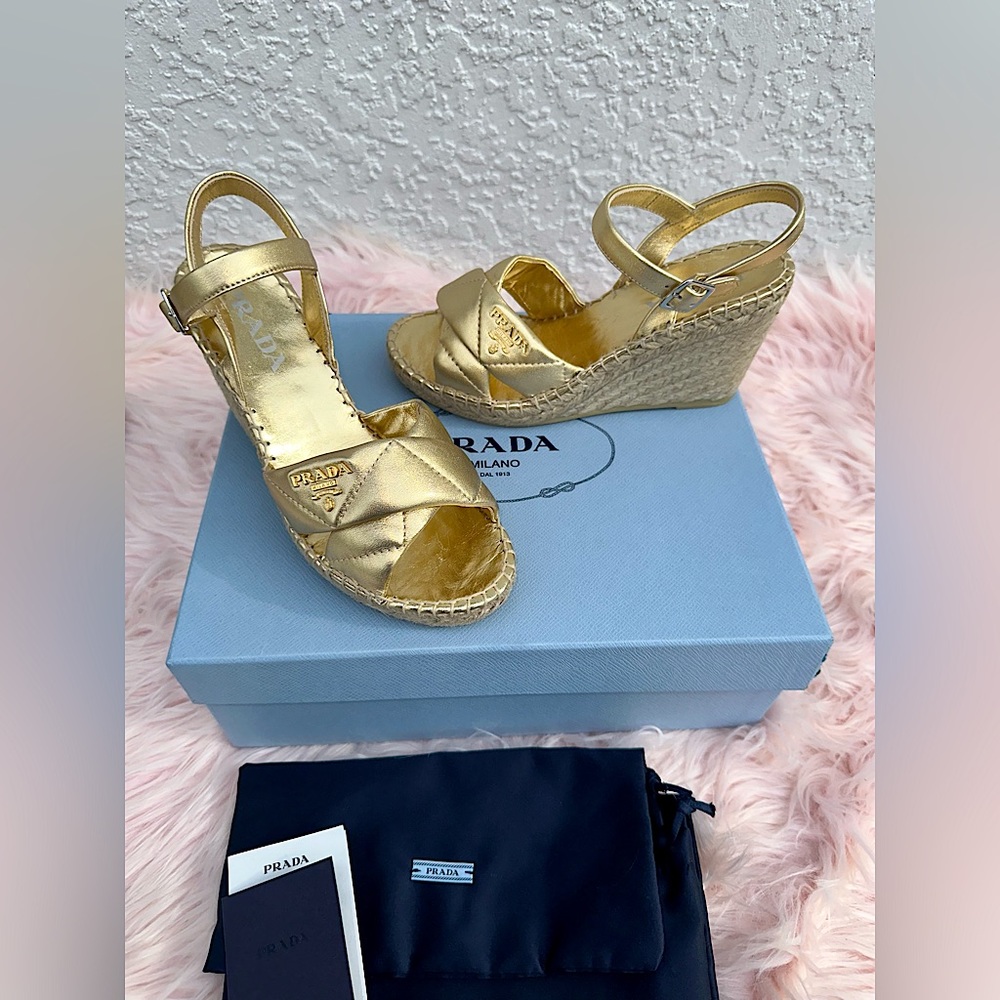 Prada quilted Leather & Raffia Wedge Sandals
